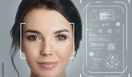 Facial recognition system. Woman with scanner frame on face and information