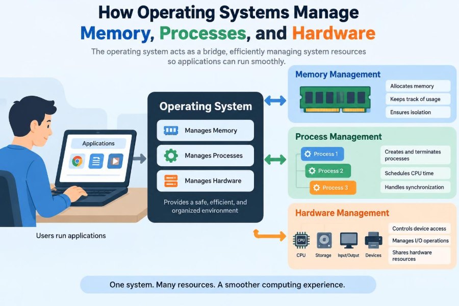 💻 How Operating Systems Manage Memory, Processes, and Hardware