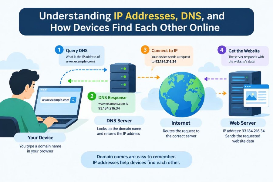 💻 Understanding IP Addresses, DNS, and How Devices Find Each Other Online